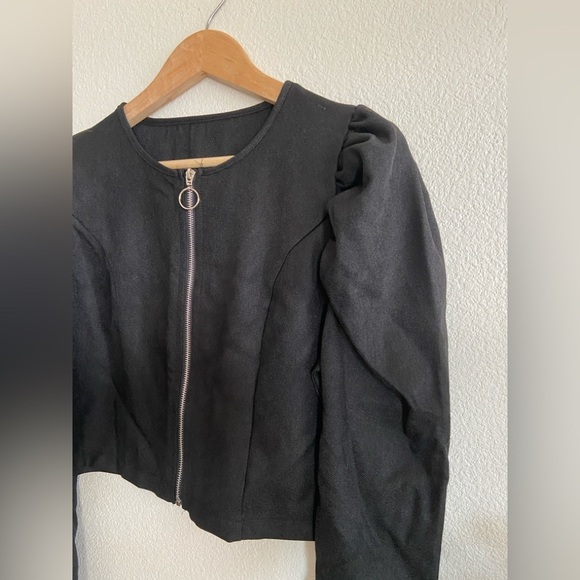 Black puffed sleeve zip up blazer jacket - Picture 4 of 8